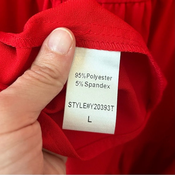 Tuckernot Pomander Place Red Crepe Kenzo Ruffle via-neck long sleeve Dress Sz L - Picture 15 of 16